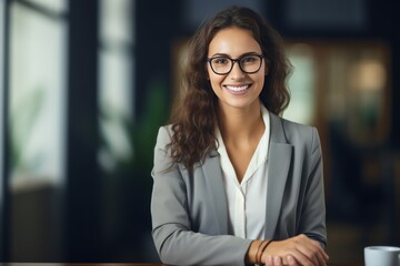 Happy mid aged business woman manager at office. Corporate leader, bank or insurance agent, lawyer, accountant, successful woman, leader manager looking at camera.