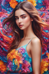 Fototapeta premium Portrait of beautiful young woman with bright make-up and colorful flowers