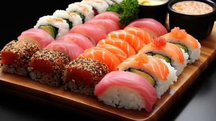 Freshly prepared sushi platter with a variety of rolls and sashimi