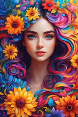 Portrait of beautiful young woman with bright make-up and colorful flowers