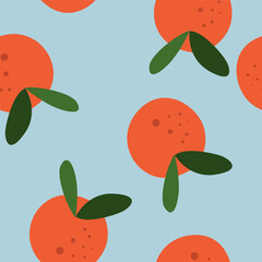 Seamless Tangerines and Leaves Pattern on Blue Background. Modern Vector Repeated Background with Citrus in Flat Style.