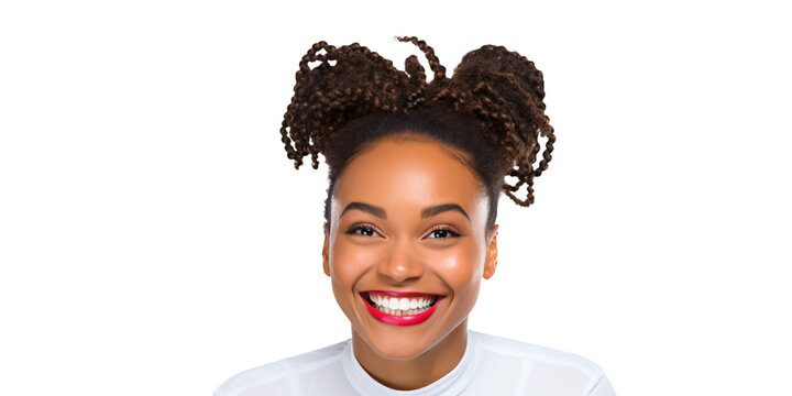 black laughing woman with tied up dread locks isolated on transparent background