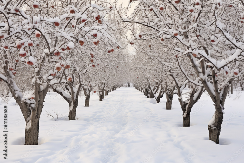 Sticker Fruit tree branches rest, blanketed by white, in the peaceful anticipation of spring's renewal