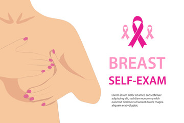 Illustration of a woman touching her breast, conducting self-examination for breast cancer, prevention and diagnosis for life. Vector illustration of the breast self-examination concept