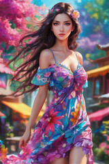 Portrait of beautiful young woman with bright make-up and colorful flowers
