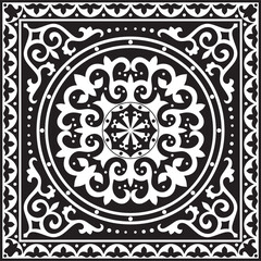 Vector black monochrome square Kazakh national ornament. Ethnic pattern of the peoples of the Great Steppe, .Mongols, Kyrgyz, Kalmyks, Buryats