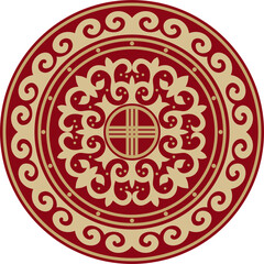 Vector red and gold round Kazakh national ornament. Ethnic pattern of the peoples of the Great Steppe, .Mongols, Kyrgyz, Kalmyks, Buryats. circle, frame border.