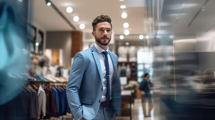 Naklejka na ściany i meble A man in a classic suit stands in the fitting room of a men's clothing luxury boutique store. Design ai