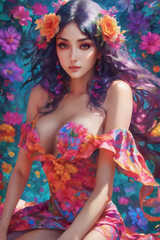 Portrait of beautiful young woman with bright make-up and colorful flowers