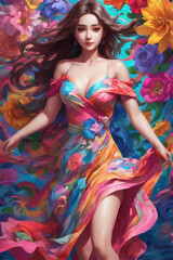 Portrait of beautiful young woman with bright make-up and colorful flowers