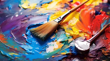 Obraz premium Close-up of an artist's paint palette with vibrant pigments mixing | generative ai