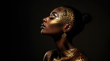 African woman face silhouette with golden makeup. Beauty model with dark skin with golden shiny patterns on a black background