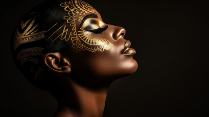 African woman face silhouette with golden makeup. Beauty model with dark skin with golden shiny patterns on a black background