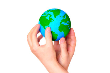 Green and Blue Earth Model in Hands on White