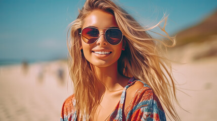 Portrait of beautiful mature woman in casual at seaside. Cheerful young woman smiling at beach during summer vacation. Happy girl with blond hair and freckles enjoying the sun.