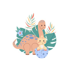 Dinosaur and baby dinosaur in egg. Funny cute childish vector illustration for design and print.