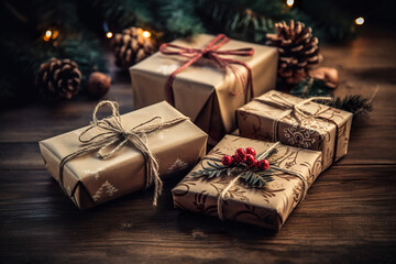Golden Festive Christmas Gifts On Rustic Wooden Table With Pine Cones In Background - Generative AI