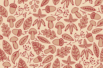 Autumn seamless pattern. Abstract colorful fall pattern with nature design elements and illustrations.