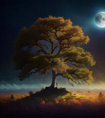 Drzewo w nocy na tle księżyca - obrazy, fototapety, plakaty