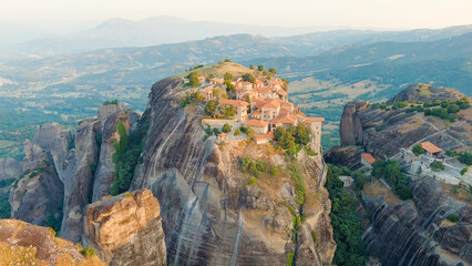 Meteora, Kalabaka, Greece. Monastery of the Transfiguration of the Saviour. Meteora - rocks, up to 600 meters high. There are 6 active Greek Orthodox monasteries listed on the UNESCO list, Aerial View