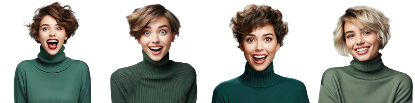 Is that a close up photo of a lady with a funny short hairdo in a good mood listening to positive news with an open mouth wearing a casual green turtleneck and a warm sweater against a tran