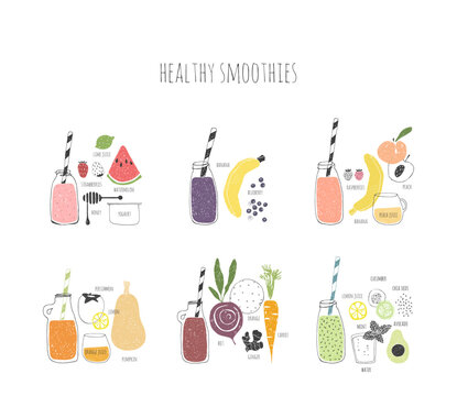 Set of hand drawn healthy smoothie recipes. Doodle vegetables, fruits and berries. Vitamin cocktail.