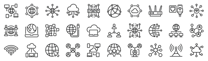 Set of 30 outline icons related to network, internet. Linear icon collection. Editable stroke. Vector illustration - obrazy, fototapety, plakaty