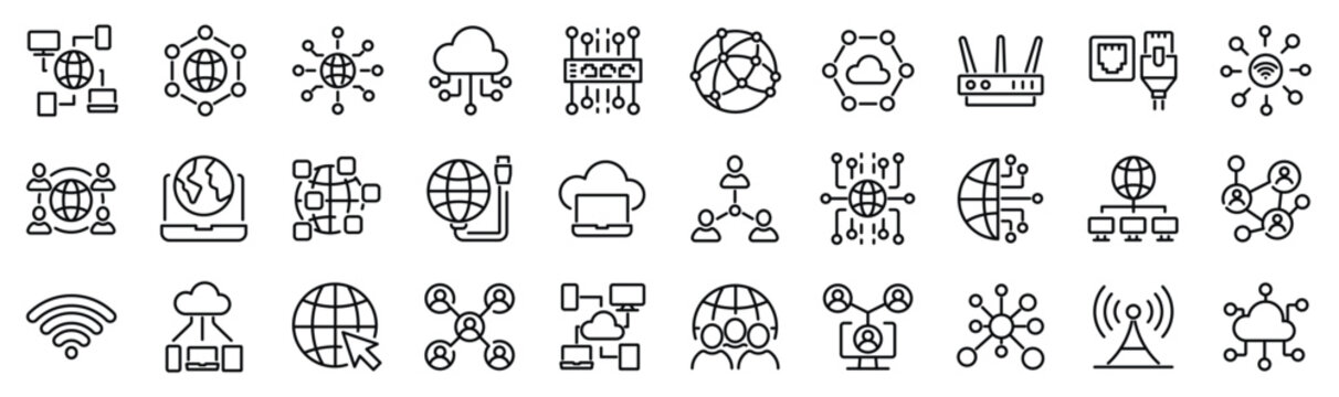Set of 30 outline icons related to network, internet. Linear icon collection. Editable stroke. Vector illustration