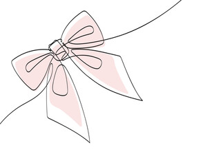 Elegant ribbon bow in continuous line art drawing style. Minimalist black linear sketch isolated on white background.