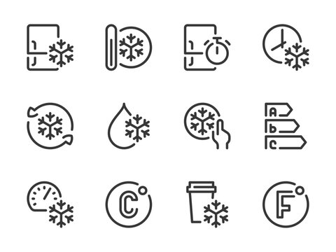 Fridge and Freezer vector line icons. Freezing and Refrigeration and outline icon set. Refrigerator, Defrosting, Temperature, Celsius, Cooling, Quality Level, Fahrenheit and more.