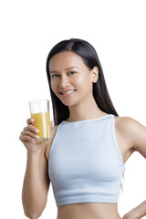 Asian American Woman drinking a glass of Orange Juice