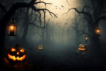 Spooky Halloween background with pumpkins, forest, bats, willows [generative AI]