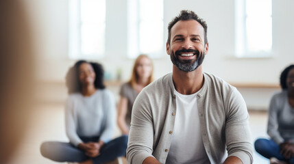 Therapist Leading Mindfulness Practice, psychological support, with copy space  