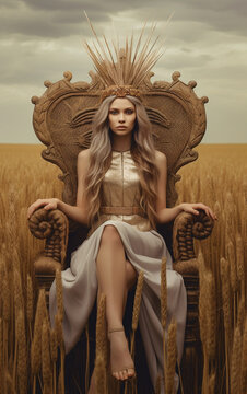 Confident empress in a beige dress sits on a throne in a field.  Queen on the throne. 