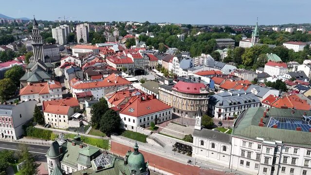 Aerial view of Bielsko Biala. The old town of Bielsko Biala. Old Town Market Square Silesian. Voivodeship. Poland.