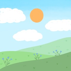 Landscape green hill sun and cloud blue sky