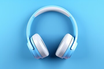 Blue wireless headphones isolated on blue background, top view.generative ai
