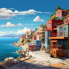Digital painting of the town near the sea, cartoon illustration