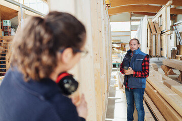 Fototapeta na wymiar Carpenters Working on a Prefabricated House Wall