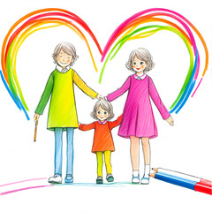 Children's family drawing with pencils, mother, me, father. Heart with I love my family. childlike drawing my family,  children hand draw doodle my family. children drawing.