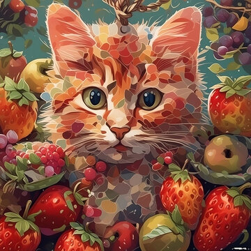 Having a cat near a lot of fruit
