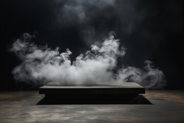 Storm in the dark. Smoke over the floor. Concrete platform podium with smoke. - obrazy, fototapety, plakaty