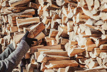 Stacking firewood, preparing for cold winter, toned photo. Heating home with firewood in countryside during winter