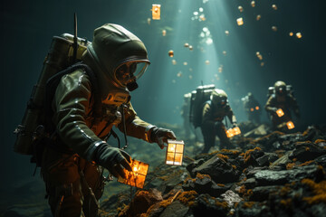 Fototapeta premium A group of divers remove plastic waste from the ocean floor, exemplifying the dedication to preserving marine life from the harmful effects of pollution. Generative AI.