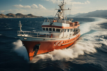 A research vessel sails through open waters, carrying scientists on a mission to study and protect marine species and their habitats. Generative AI.