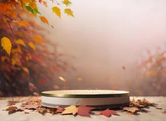 Foto op Plexiglas wooden podium product display mockup with autumn scene ai generated © XMind