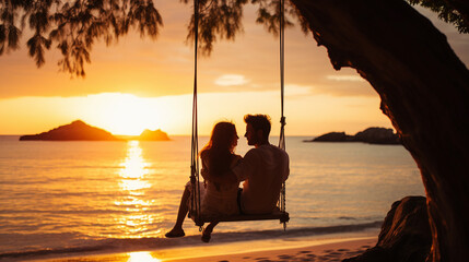Silhouette of a romantic couple sitting together on a rope swing on a beach at sunset - 641204597