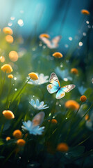 Fototapeta na wymiar Little butterflies with fluffy wings on flowers , blur colorful background, spring morning light.