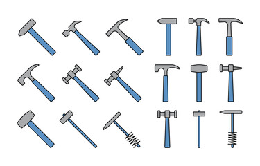 Hammers flat icons colored cliparts construction tools signs