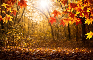 Naklejka na ściany i meble autumn maple leaves background with copy space ai generated